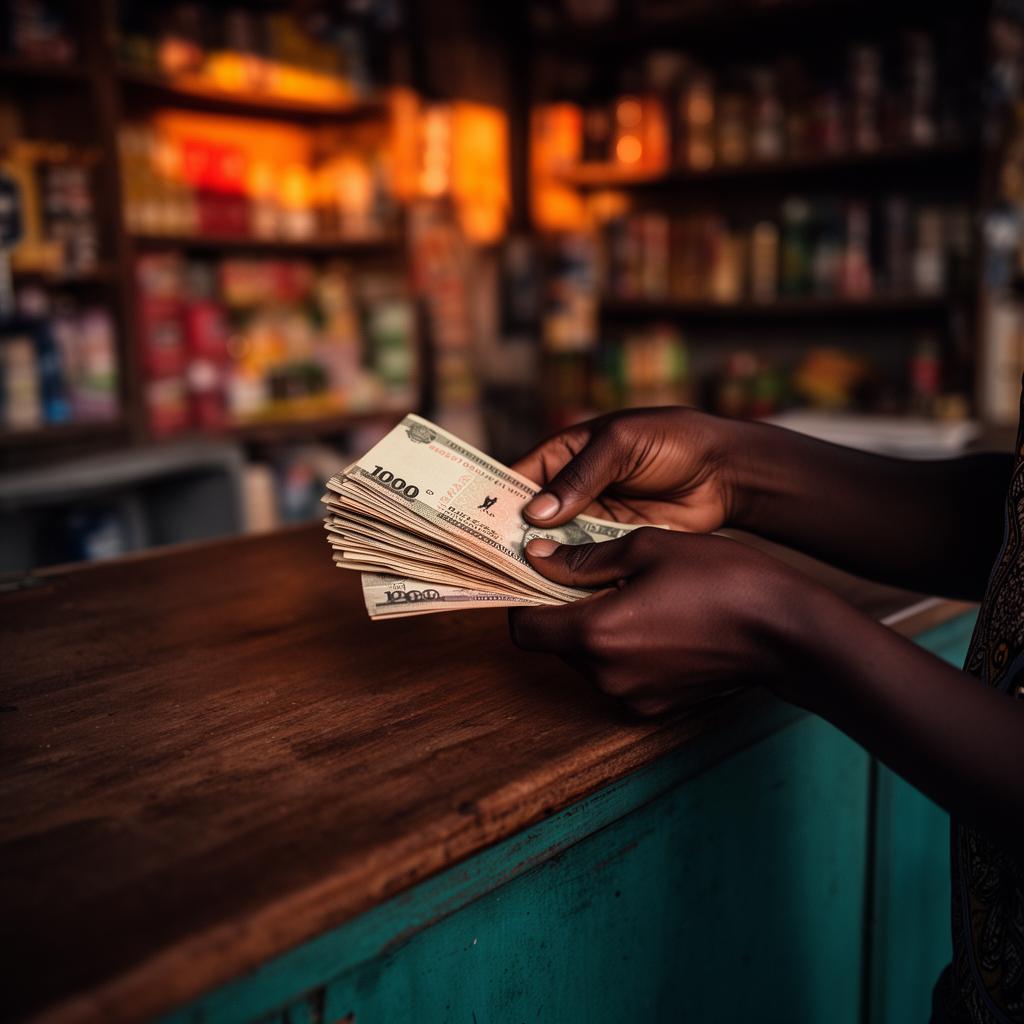Hands counting Naira at the counter of a small business at the end of the day