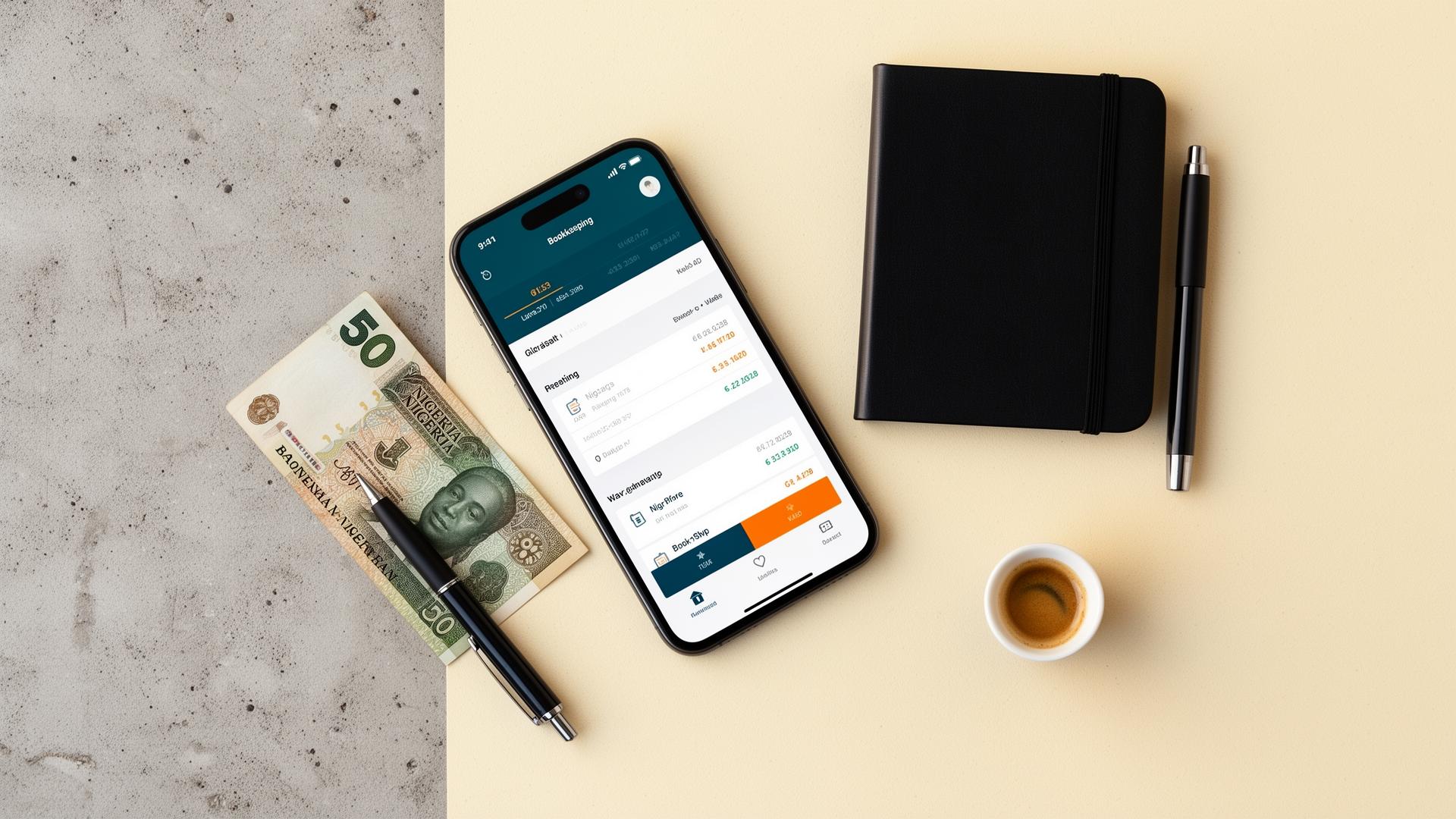 A phone showing the Berlvis Books dashboard next to a notebook and a Naira note