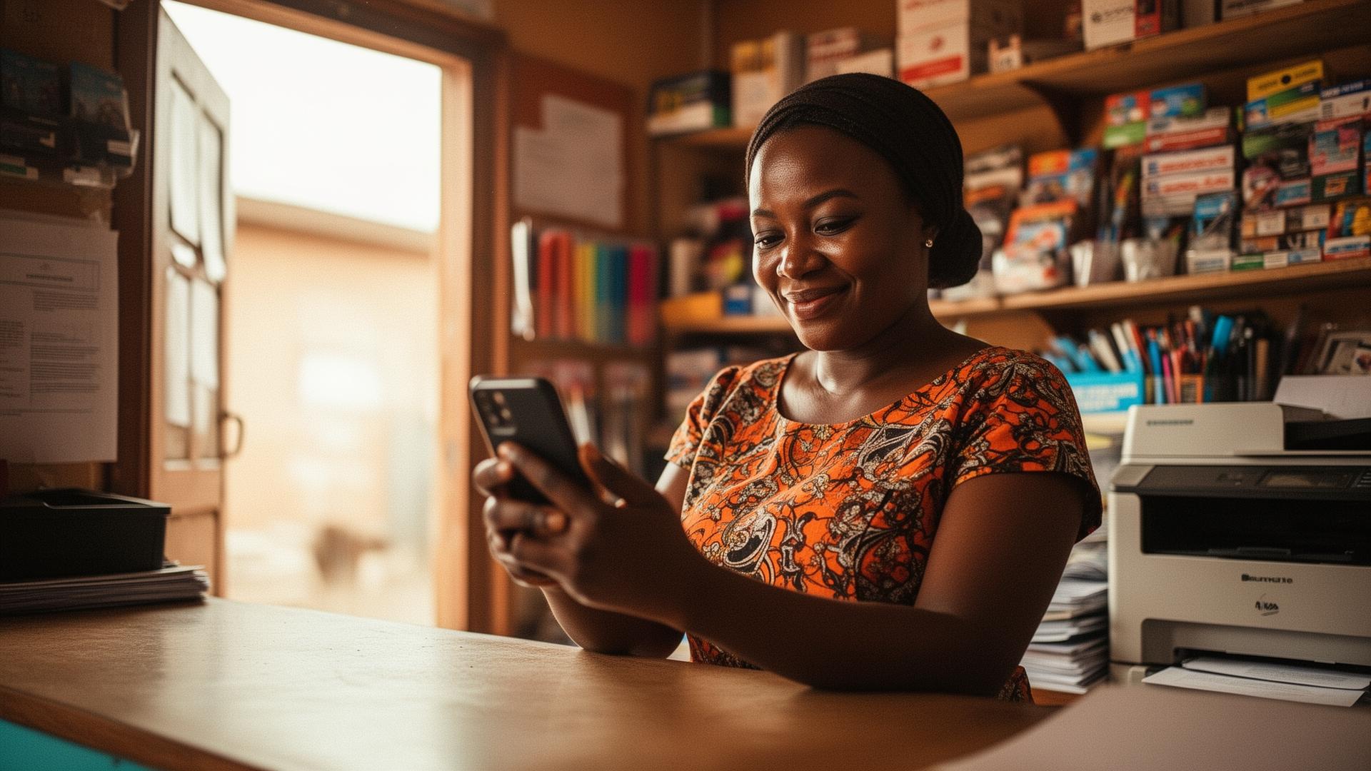 A Nigerian shop owner reviewing the Berlvis Books app on her smartphone